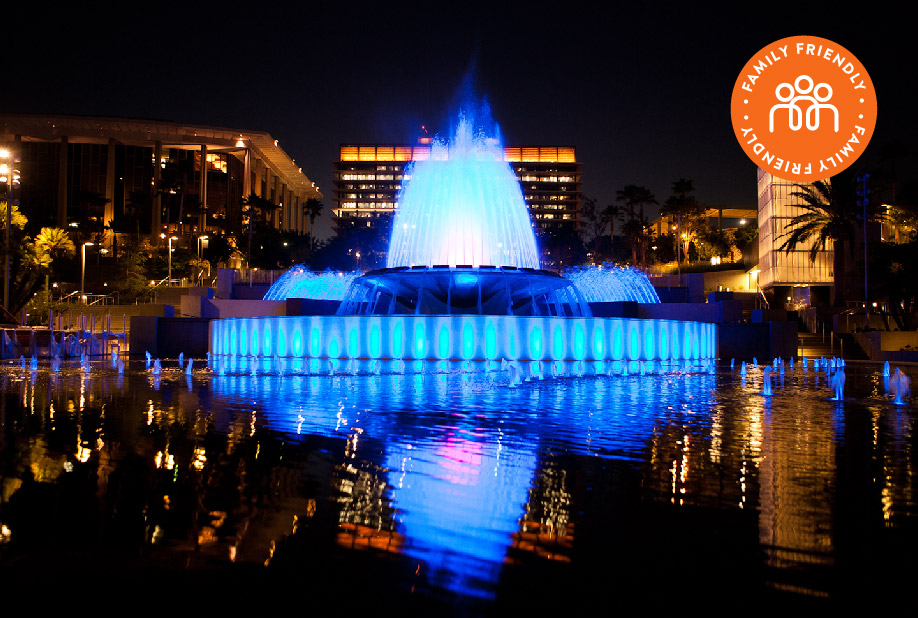 Arthur J. Will Memorial Fountain at Grand Park.  Image stamped with Family Friendly badge.