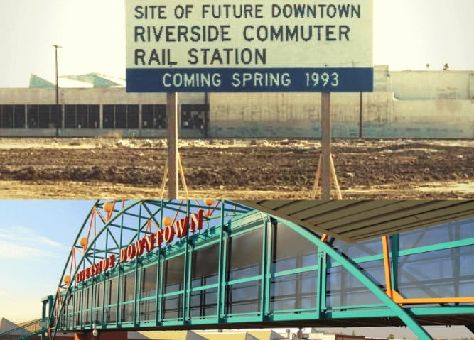 a sign reading 'SITE OF FUTURE DOWNTOWN RIVERSIDE COMMUTER RAIL STATION COMING SPRING 1993' and the Riverside Downtown station bridge