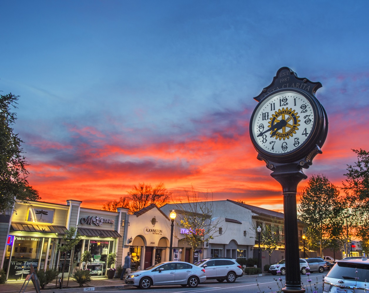 Clock and storefronts in Old Town Newhall