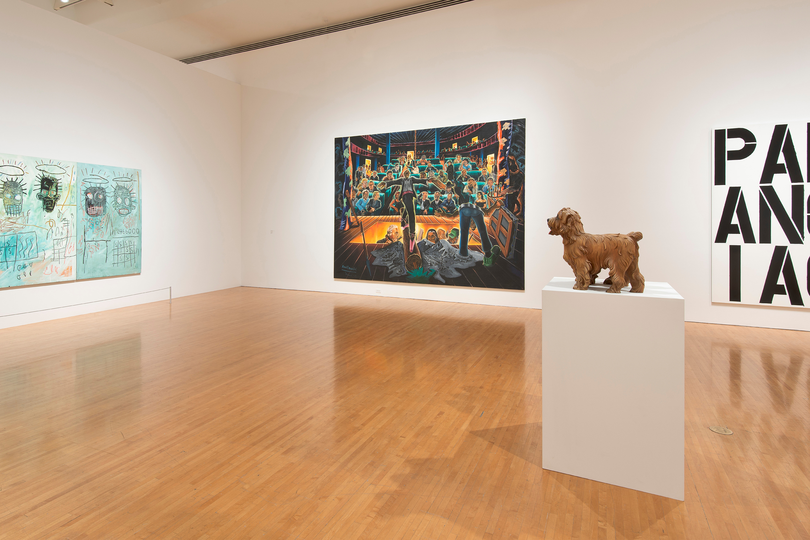 Art Exhibition featuring paintings and a dog sculpture at The Museum of Contemporary Art