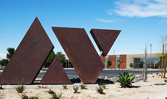 Antelope Valley's wooden logo on the school campus.