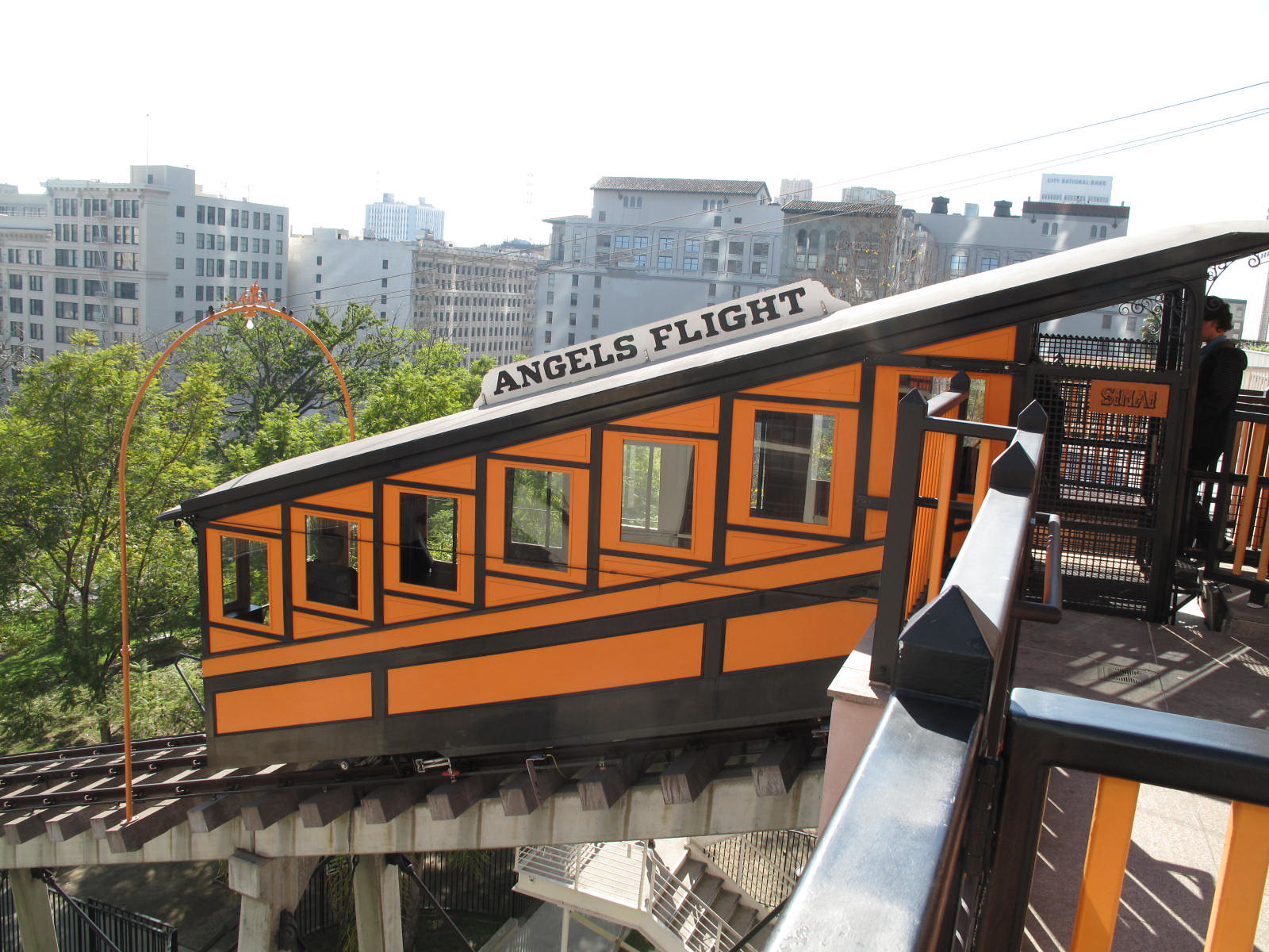 Side view of the funicular with its rooftop sign "angels flight"