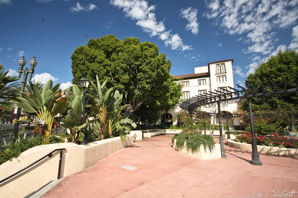 Stairs and courtyard at El Pueblos de Los Angeles Historical Monument.