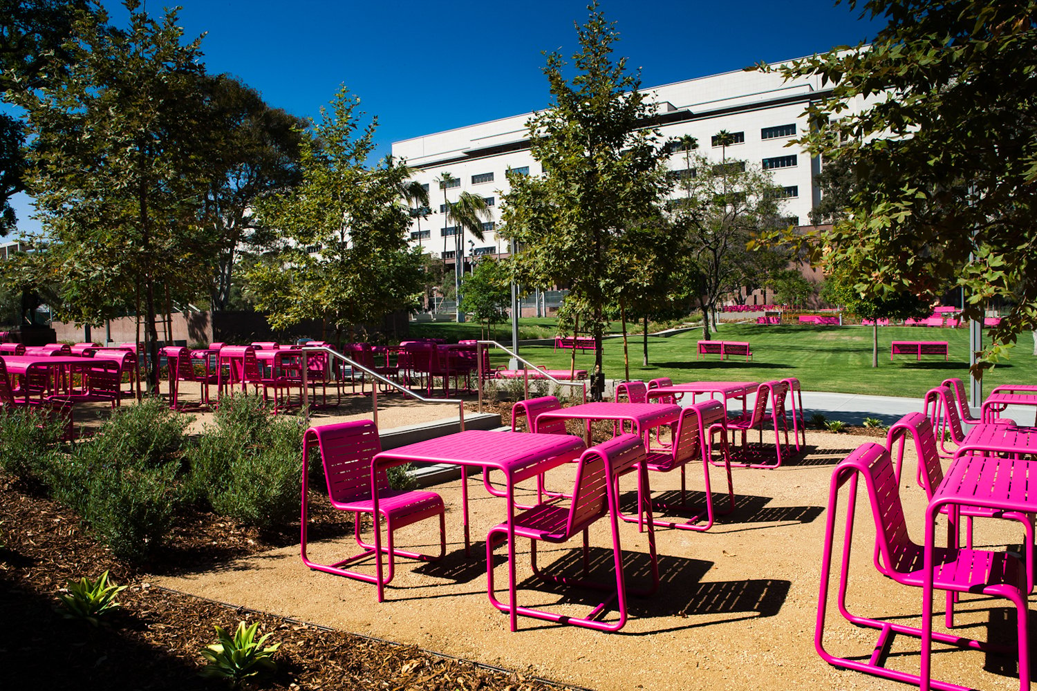 Pink chairs and tables at Grand Park