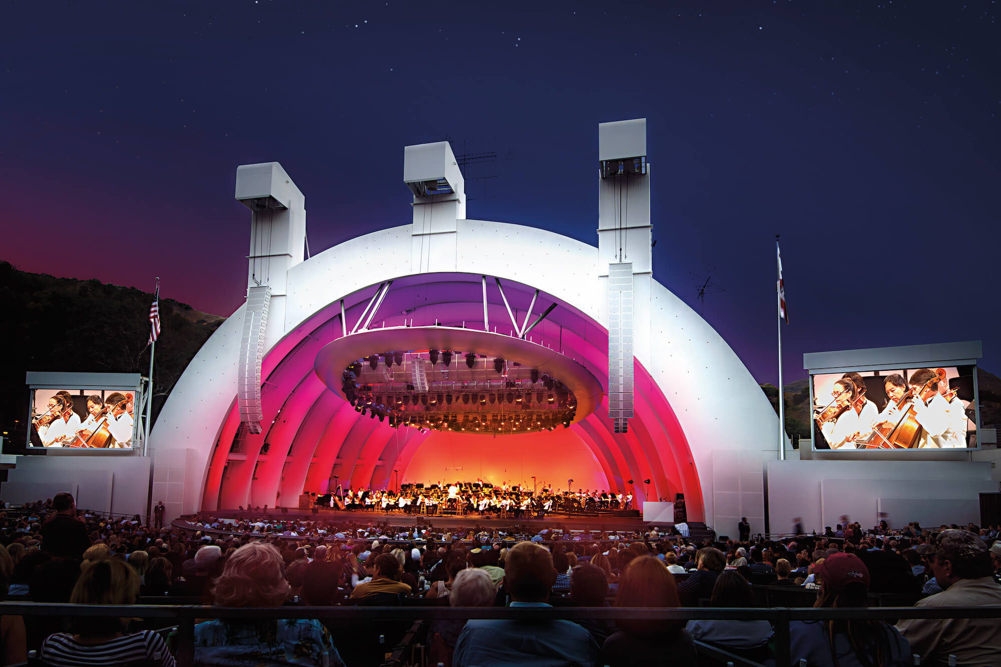 Hollywood Bowl stage during a performance by an orchestra.