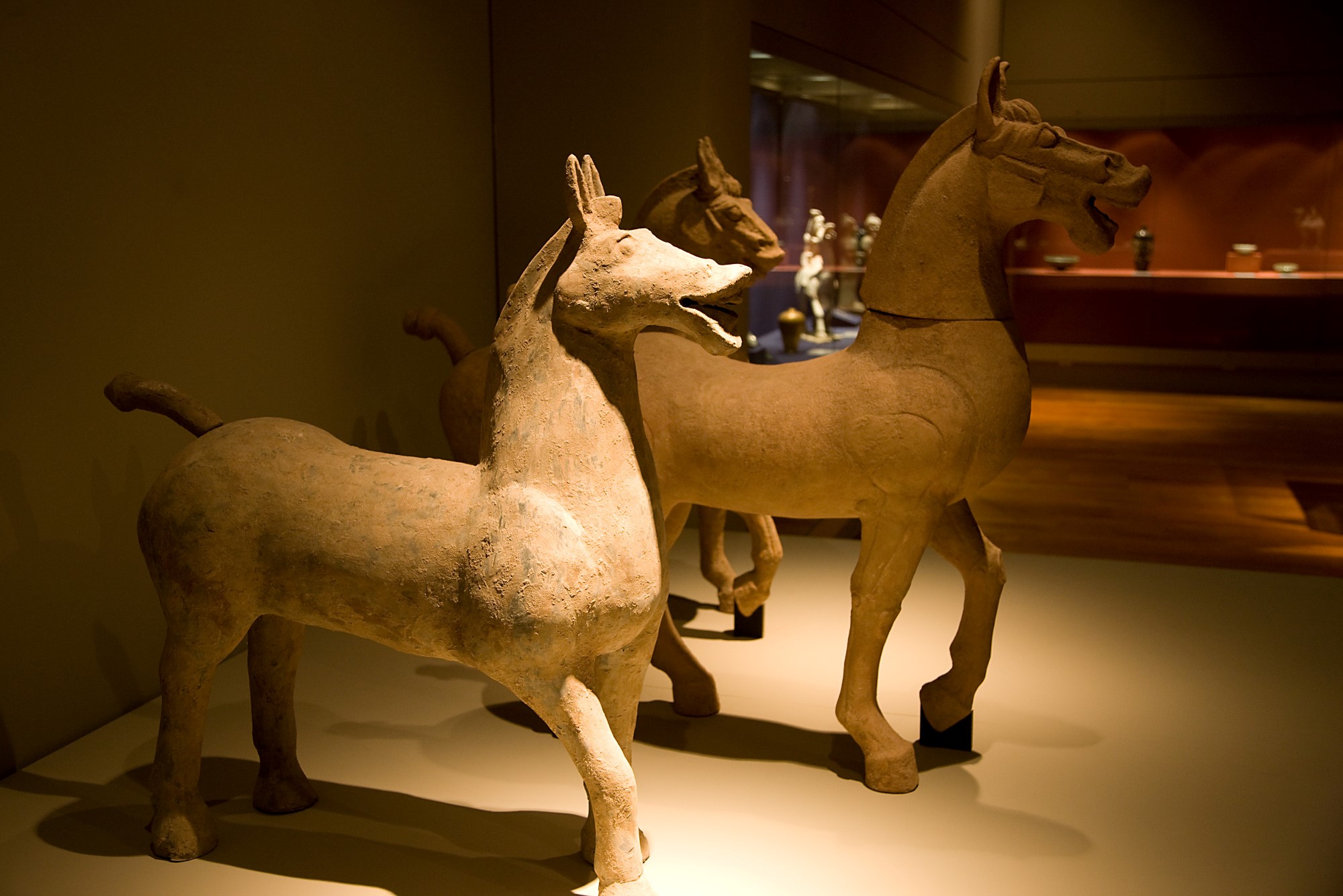 Three Chinese Terracotta Horse statues at the Bowers Museum