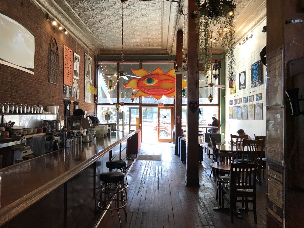 Cafe interior with table and bar