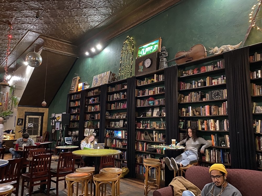 Cafe interior with full book shelves