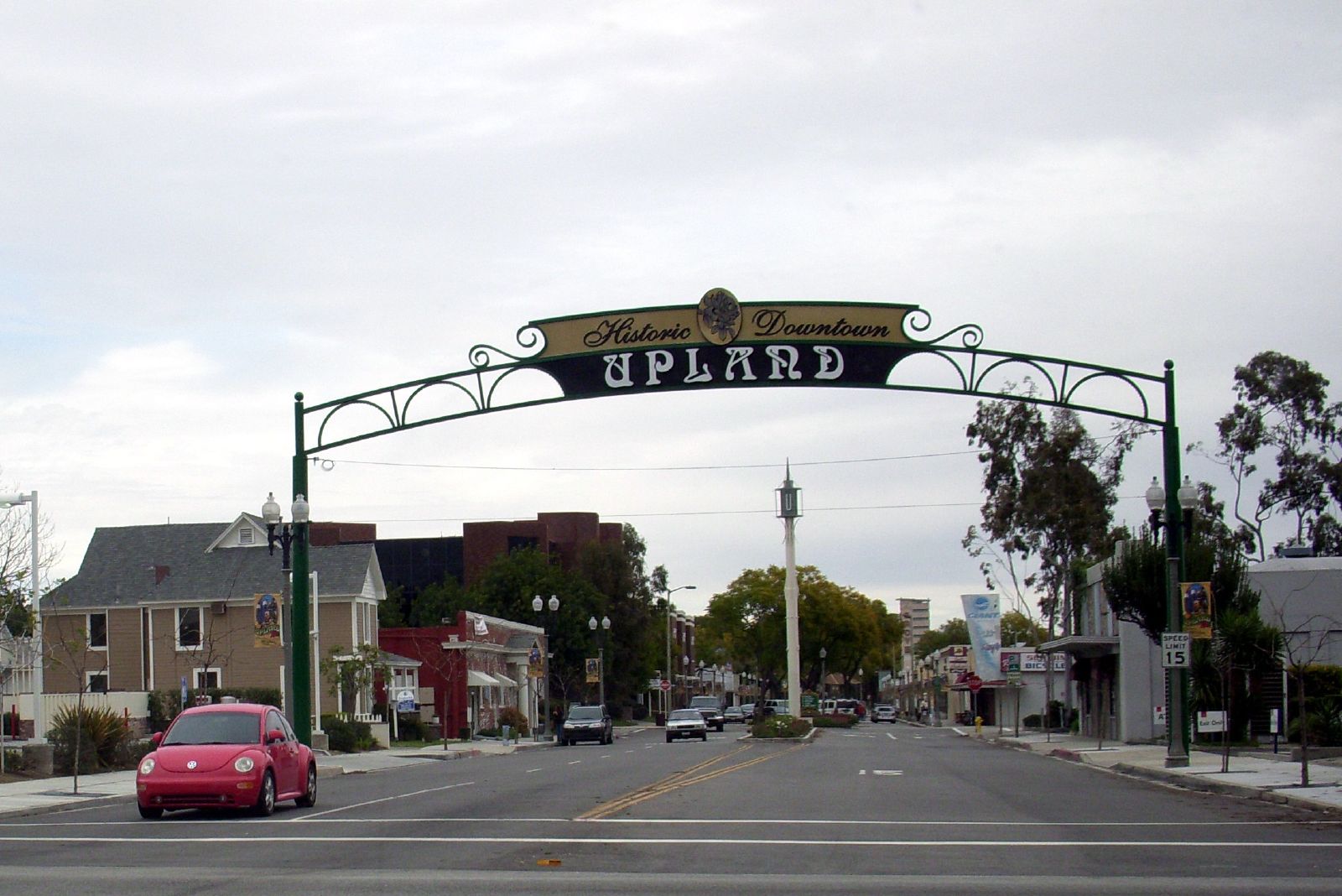Historic Downtown Upland entrance signage over roadway.