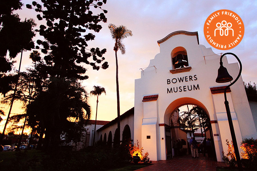 Bowers Museum entrance at sunset