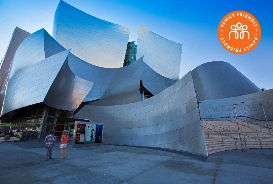 View of Walt Disney Concert Hall. Image stamped with Family Friendly Badge