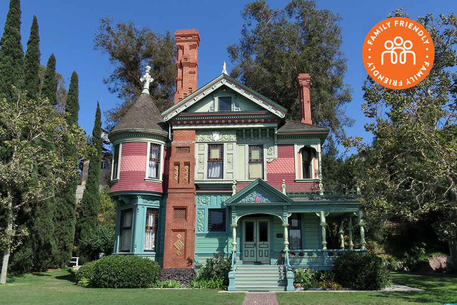 Victorian house at Heritage Square Museum.  Image stamped with Family Friendly badge
