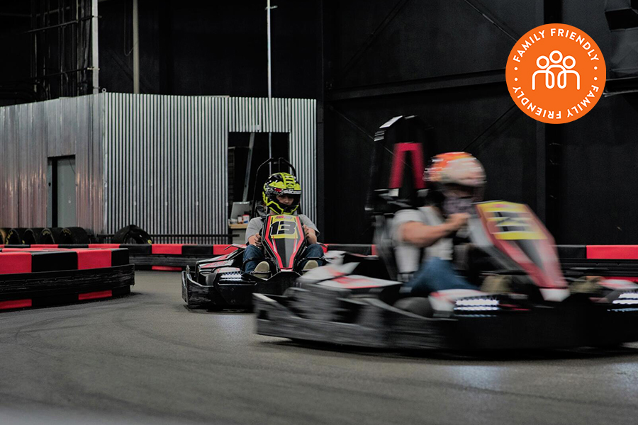Go Kart Racers at MB2 Raceway.  Image stamped with Family Friendly Badge