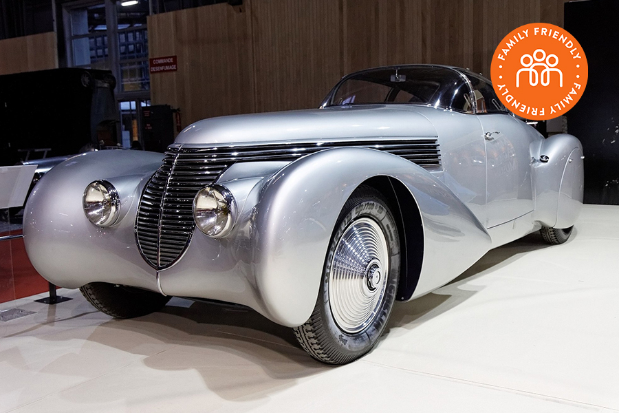 1938 Hispano-Suiza Dubonnet Xenia at the Mullin Automotive Museum. Image stamped with family friendly badge.