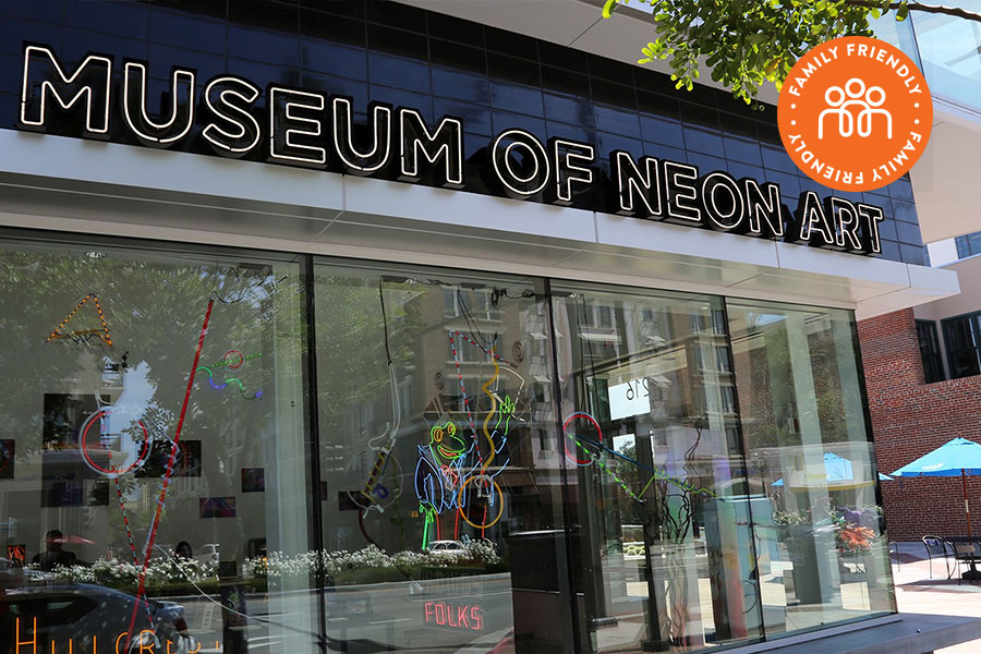 Front of the Museum of Neon Art. Image stamped with Family Friendly Badge