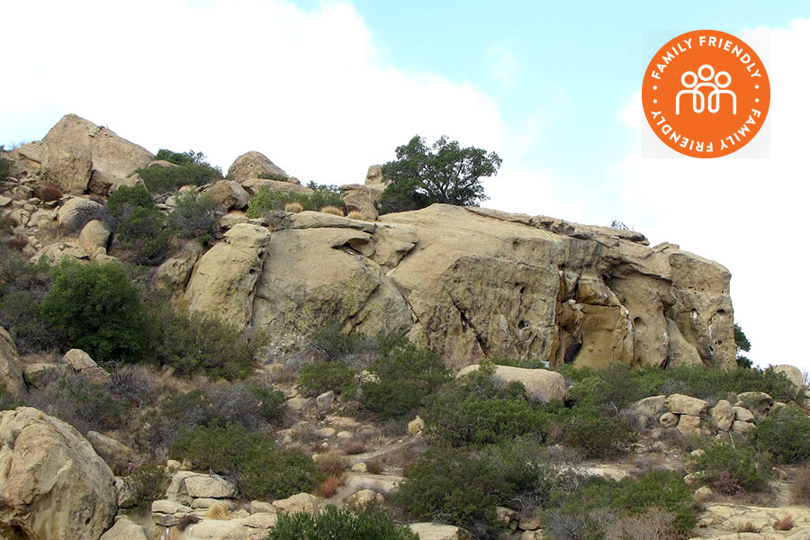 Rock outcrop at Stoney Point Park.  Image stamped with Family Friendly badge.
