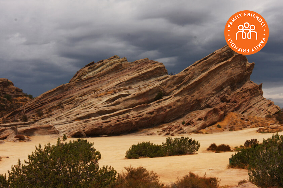 Large rock formation at Vasquez Rocks Natural Area Park with Family Friendly Badge