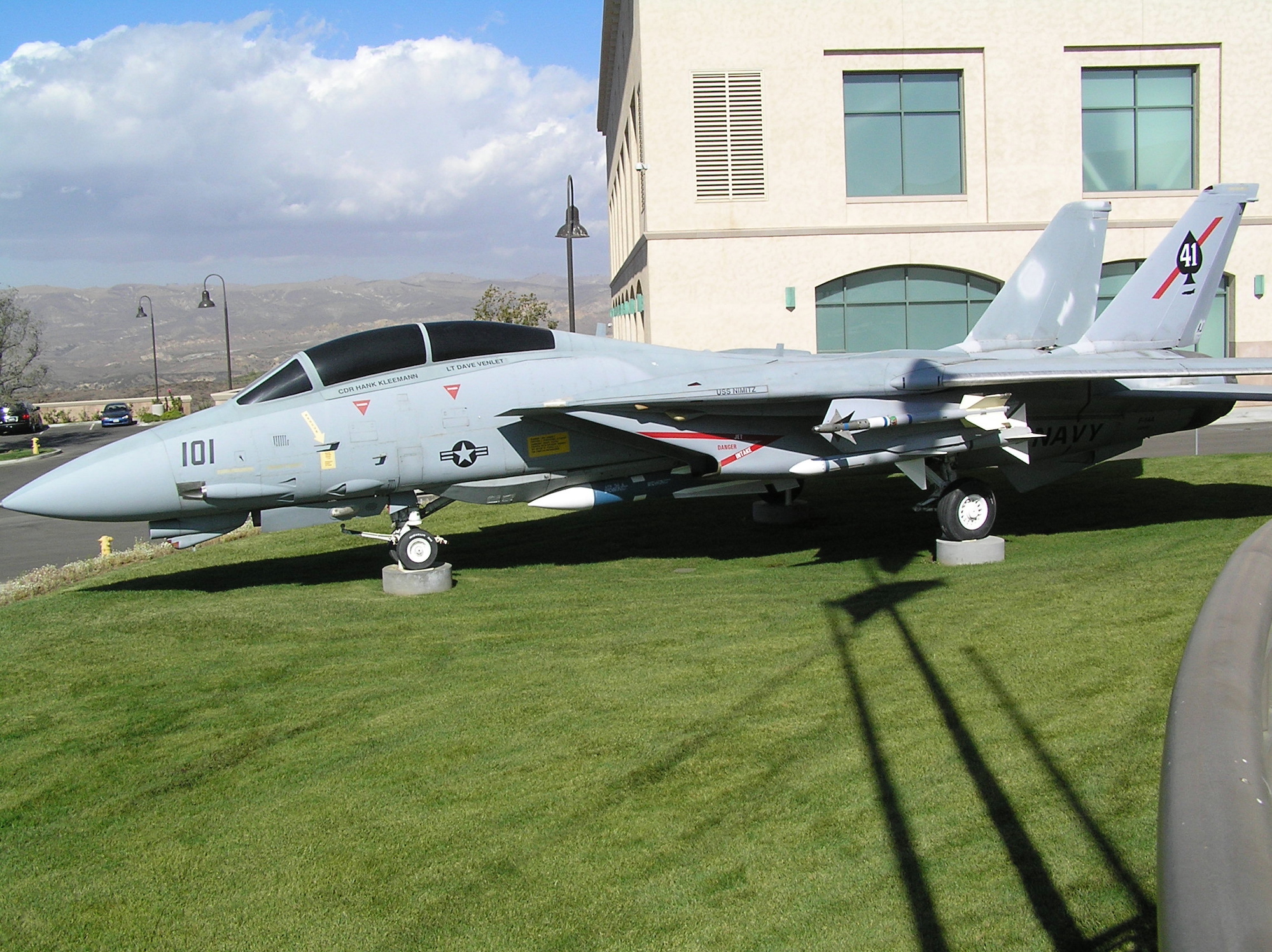 F-14 on lawn in front of library