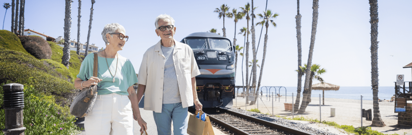 2 Metrolink senior riders at the San Clemente Pier Station