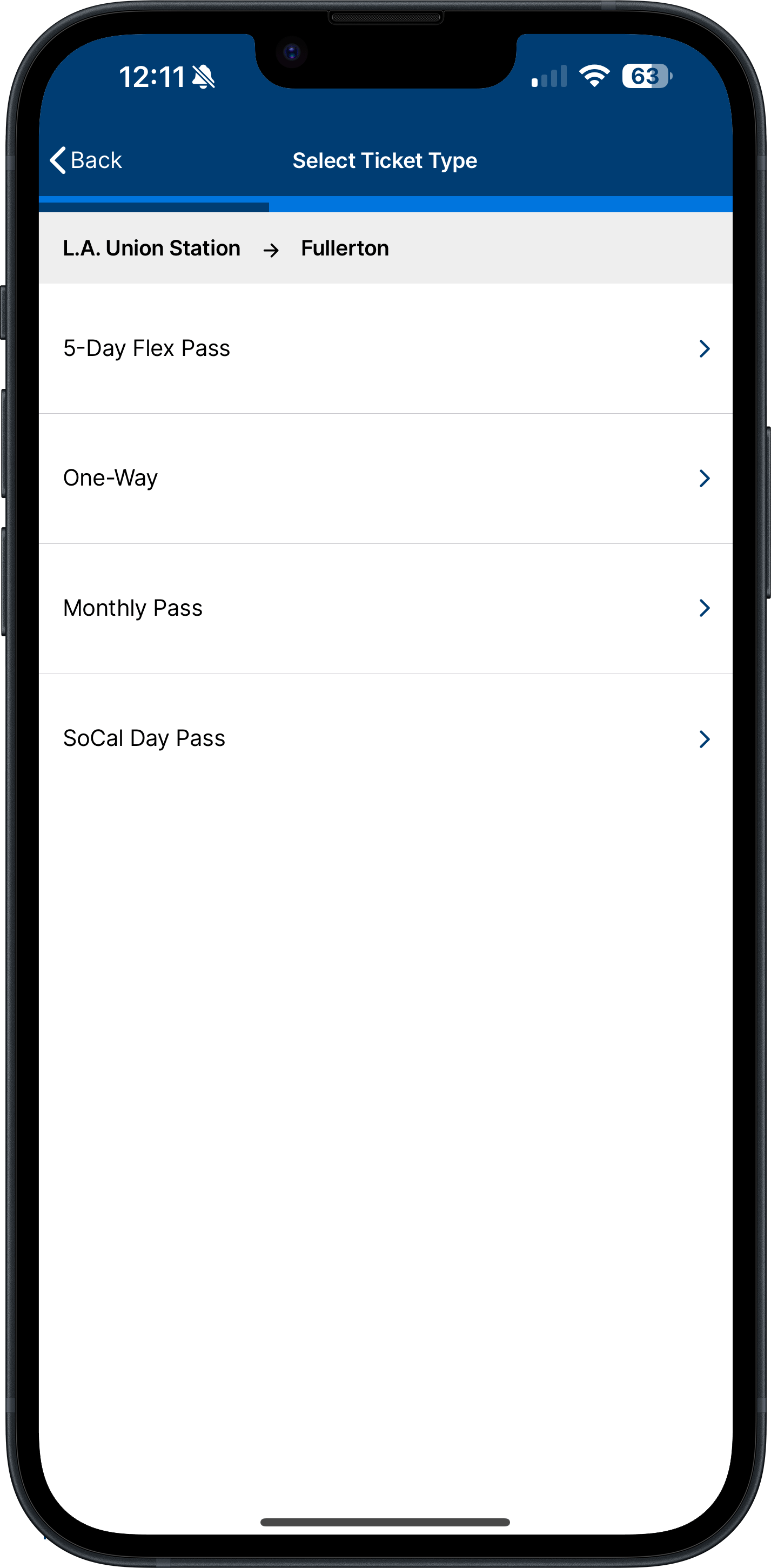 Metrolink App Select Ticket Screen